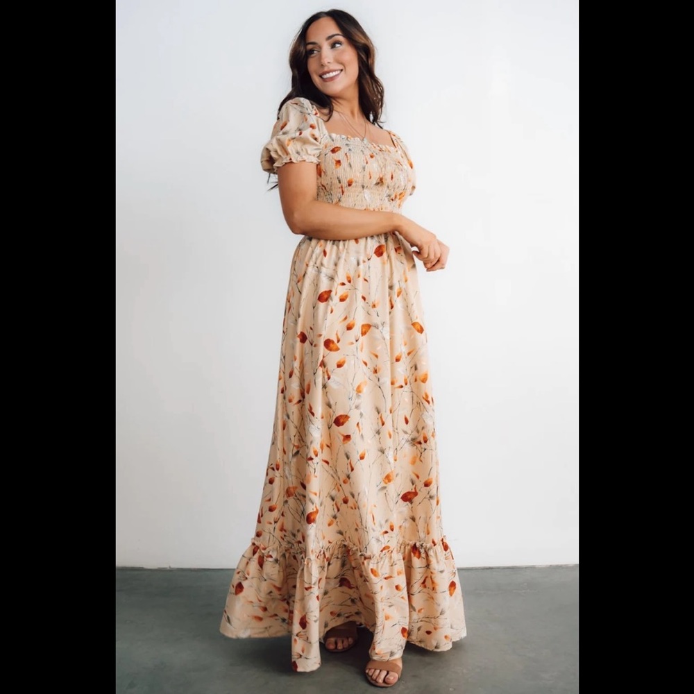 Baltic Born Capri Smocked Maxi Dress Pink Gold Peach Floral Large